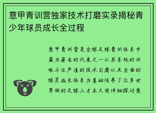 意甲青训营独家技术打磨实录揭秘青少年球员成长全过程