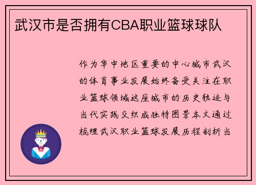 武汉市是否拥有CBA职业篮球球队